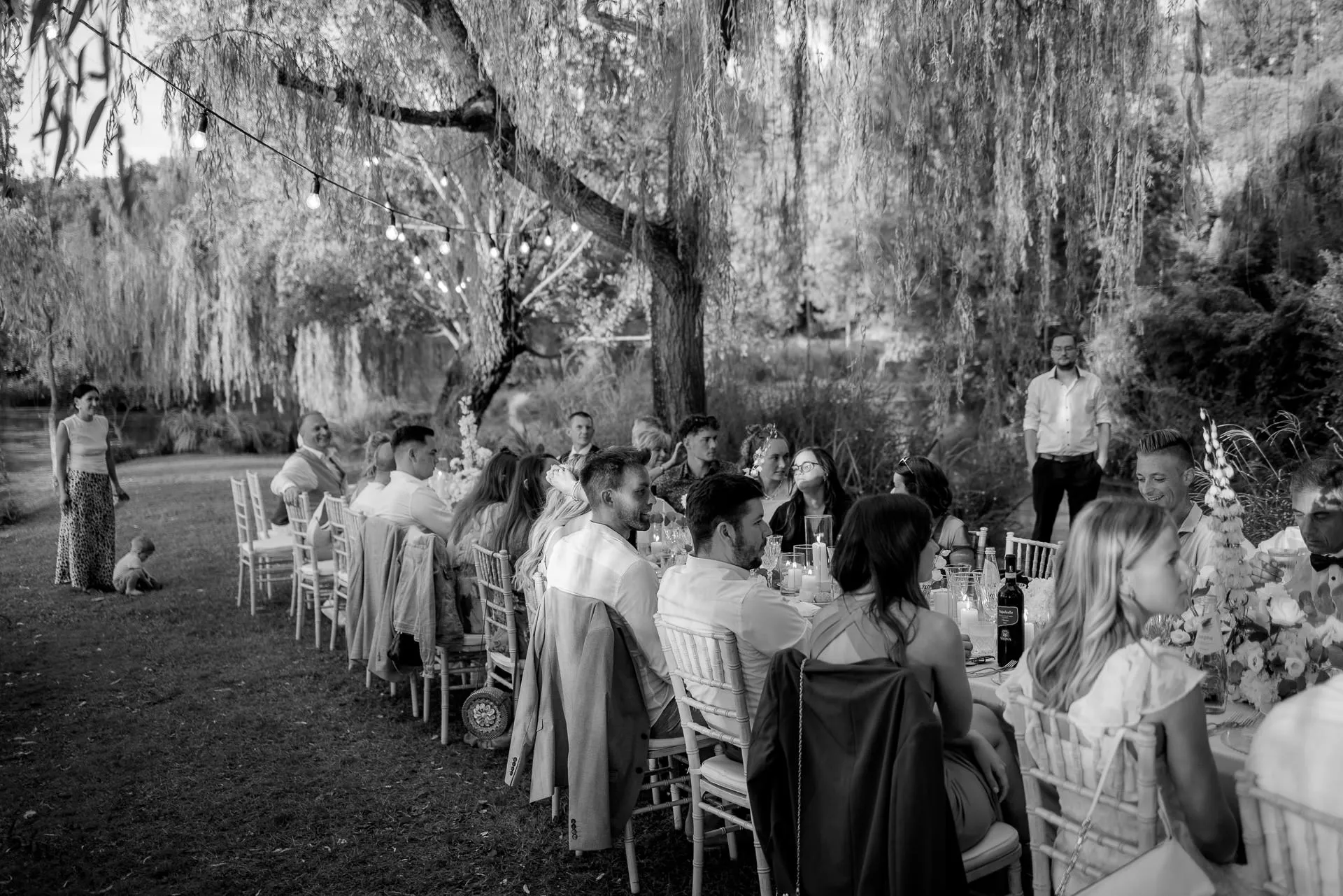 Hochzeitsgäste speisen unter Weidenbäumen und Lichterketten bei italienischer Feier